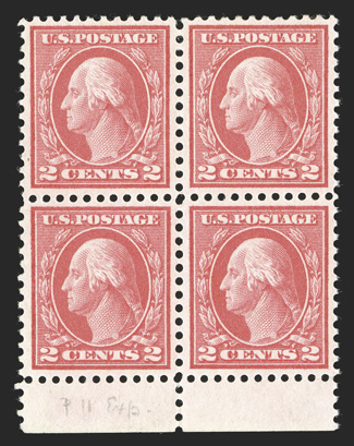 461, 2c Pale carmine red, handsome and choice bottom sheet-margin mint block of four, incredibly well centered throughout, bright and fresh, o.g., l.h., bottom stamps n.h.,
extremely fine.