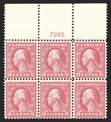 461, 2c Pale carmine red, select full top margin plate no. 7265 block of six, incredibly fresh, with strong and intact perforations all around, nicely centered, immaculate
o.g., n.h., very fine.