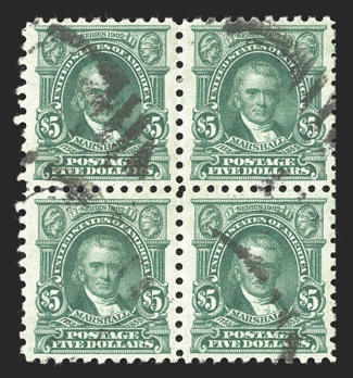 462-80, 1c-$5.00 Washington and Franklin cplt., used blocks of four, most well centered including some quite choice, occasional small faults not affecting the dollar values,
largely fine-extremely fine a difficult set to assemble.