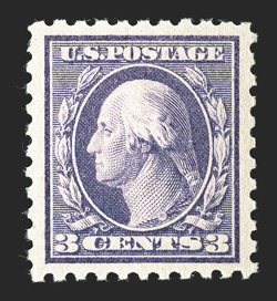 464, 3c Violet, an impressively large-margined mint example of this surprisingly scarce and frequently faked value, especially well centered within lavishly large margins,
fresh color on immaculate paper, full and even perforations all around, p