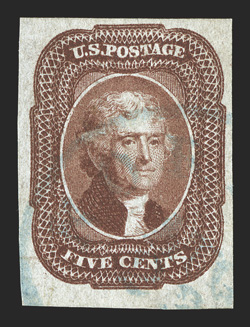 12, 5c Red brown, used example with four large to huge margins, strong color and impression, light blue c.d.s. cancel, barest trace of a vertical crease at right, otherwise
extremely fine and striking 2007 PF certificate.