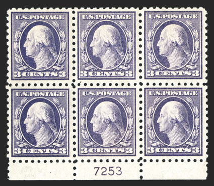 464, 3c Violet, attractive bottom margin plate no. 7253 block of six, particularly well centered for this difficult value, o.g. or l.h., top center stamp n.h., extremely fine a
pleasing example of this scarce plate block.