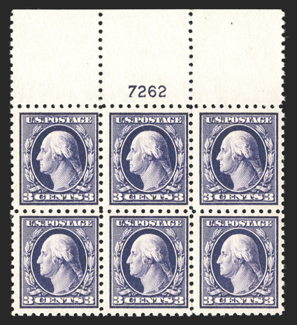 464, 3c Deep violet, full top margin plate no. 7262 block of six, incredibly intense color on fresh white paper, o.g., n.h., right vertical row of perforations weak but intact,
fine-very fine and scarce.