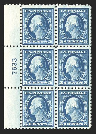 466, 5c Blue, left margin plate no. 7633 block of six, vivid rich color on bright paper, nicely centered, o.g., top and bottom left stamps h.r., the other four n.h., very
fine.