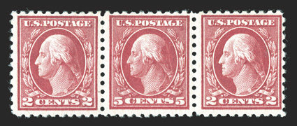 467, 5c Carmine error, the center stamp in a horizontal strip of three, fresh and bright, o.g., n.h., fine-very fine.