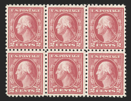 467, 5c Carmine error, single error in a block of six, bright color, o.g., error stamp n.h. (some 2c stamps hinged), nearly very fine.