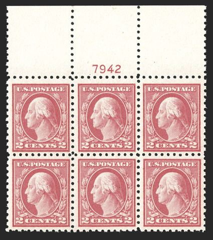 467, 5c Carmine error, full top margin plate no. 7942 block of six 2c stamps, wonderfully fresh and well centered, o.g., very lightly hinged in the ungummed selvage, the stamps
all n.h., one with a trivial natural gum inclusion, very fine.