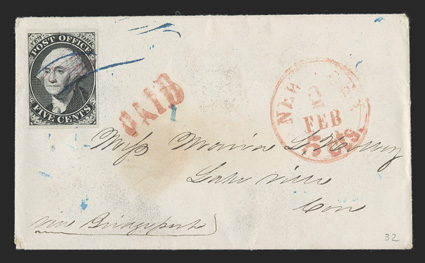 9X1, New York, N.Y., 5c Black Postmaster Provisional, signed ACM connected, an exceedingly fresh single with four large margins tied by blue ms. cancel on 1847 cover. with red
Paid and New York 2 Feb 5cts c.d.s., cover with light stain not a