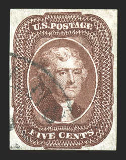 12, 5c Red brown, used, generous margins to clear at bottom, rich color and crisp impression on fresh paper, light town cancel, nearly very fine.