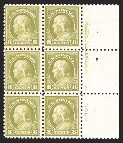 470, 8c Olive green, right margin imprint, letterA and plate no. 5804 block of six, sumptuously rich color on fresh paper, o.g., top right pair l.h., the others n.h., fine-very
fine.