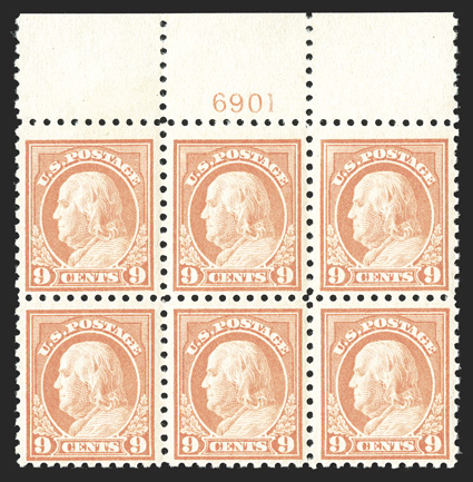 471, 9c Salmon red, a highly select top margin plate no. 6901 block of six, being in a post office fresh state of preservation, particularly well centered, bright shade on
crisp clean paper, pristine o.g., n.h., very fine.