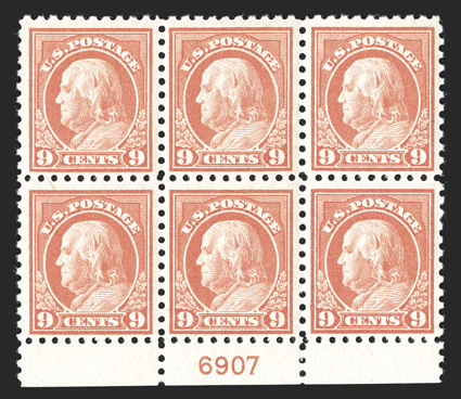 471, 9c Salmon red, bottom margin plate no. 6907 block of six, particularly fresh and well centered, strong color on bright paper, o.g., top right pair very lightly hinged, the
others n.h., very fine.