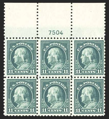 473, 11c Dark green, full top margin plate no. 7504 block of six, post office fresh, rich color, o.g., n.h., fine-very fine.