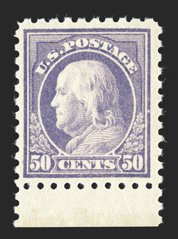 477, 50c Light violet, bottom sheet-margin single, nicely centered, bright color, o.g., never hinged (scarce thus), very fine 2010 PF certificate.