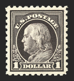 478, $1.00 Violet black, handsome and choice mint example, featuring a marvelous overall freshness, with luxuriant color and a deeply etched impression, extraordinarily well
centered amid generous balanced margins, o.g., very lightly hinged, an