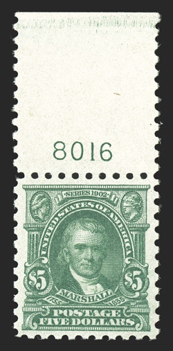 480, $5.00 Light green, bottom margin plate no. 8016 single, excellent centering, strong color, o.g., barest trace of hinging, extremely fine 2010 PF
certificate.