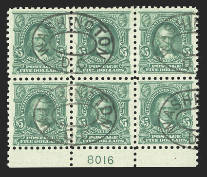 480, $5.00 Light green, seldom seen used bottom margin plate no. 8016 block of six, incredibly fresh and well centered, crisp and intact, neatly struck Washington, D.C. double
oval cancels, very fine and rare.