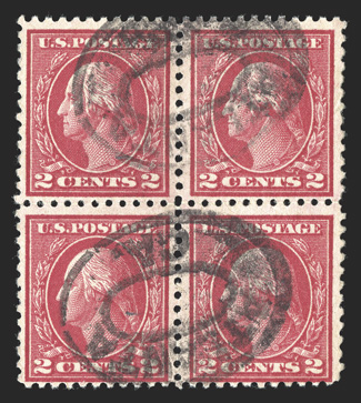500, 2c Deep rose, Ty. Ia, scarce used block of four, rich distinctive color, double circle Atlanta, Ga. postmarks, some light green adhesions on reverse,
fine.