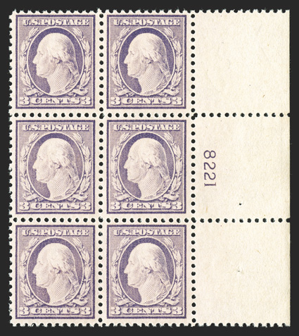 501, 3c Light violet, Ty. I, choice wide right margin plate no. 8221 block of six, extraordinarily well centered and margined, post office fresh, crisp and intact, o.g., n.h.,
extremely fine.