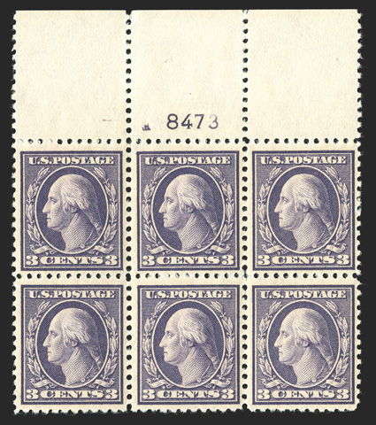 502, 3c Dark violet, Ty. II, full top margin plate no. 8473 block of six, excellent centering, crisp and intact, o.g., l.h., three stamps n.h., choice very
fine.