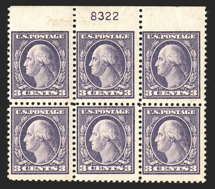 502 var., 3c Dark violet, Ty. II, imperforate at top, top margin plate no. 8322 block of six, being imperforate at top between the stamps and the sheet selvage, o.g., small
h.r. in the selvage, stamps l.h. or n.h., fine and rare.