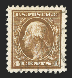 503, 4c Brown, an incredibly choice used single, featuring extravagantly large margins all around and being perfectly centered within these oversized borders, brilliantly rich
color, lightly cancelled, an extremely fine gem for the perfectionist