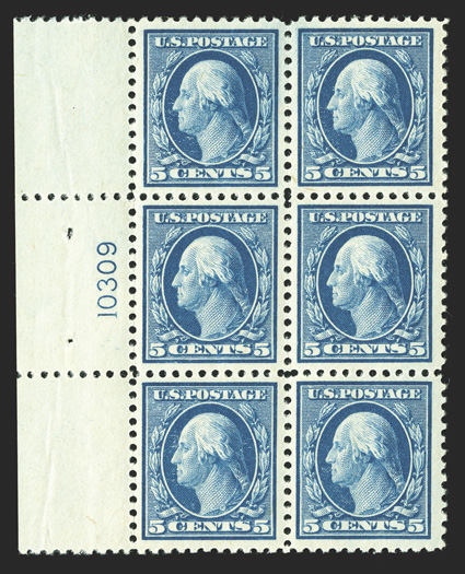 504, 5c Blue, impressive left margin plate no. 10309 block of six, extraordinarily well centered throughout, with each stamp being precisely centered amid large equal margins,
bright and fresh, crisp and intact, immaculate o.g., n.h., extremely