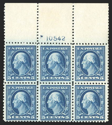 504, 5c Blue, fresh full top margin plate no. 10542 block of six, luxuriant deep color on crisp white paper, particularly well centered, strong and intact, pristine o.g., n.h.,
choice very fine.