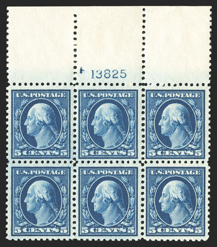 504, 5c Blue, attractive full top margin plate no. 13825 block of six, eye-catching intense color contrasted by fresh white paper, beautifully centered, strong and intact
perforations, o.g., n.h., very fine.