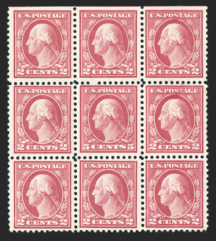 505, 5c Rose error, single error at the center of a top margin block of nine, fresh and intact, o.g. or l.h., the error n.h., fine-very fine.