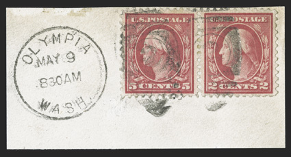 505, 5c Rose error, in horizontal pair with 2c, tied to piece by Olympia, Wash. duplex, well centered, strong color, the cancel slightly breaks the paper of the 2c stamp only
and the 5c stamp has a faint crease, very fine appearance 2001 PSE ce