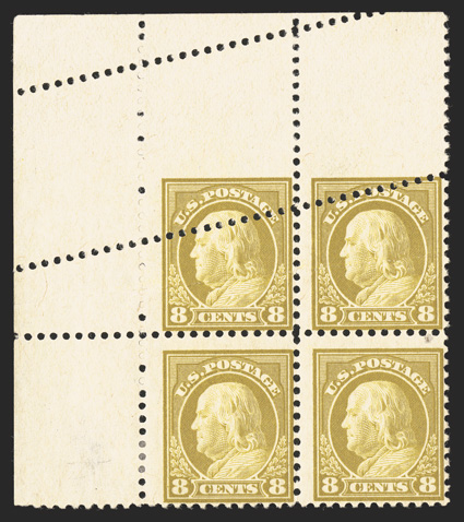 508, 8c Olive bister, striking full top left corner sheet-margin mint block of four, showing the top row of perforations misplaced diagonally bisecting the two top stamps,
o.g., l.h., three stamps n.h., thinned spot in the selvage only, top pair