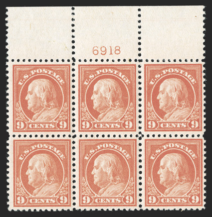 509, 9c Salmon red, especially handsome top margin plate no. 6918 block of six, remarkably well centered, vivid rich color on fresh paper, crisp and intact, immaculate o.g.,
n.h., extremely fine.