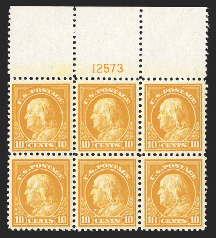 510, 10c Orange yellow, impressive full top margin plate no. 12573 block of six, incredibly well centered for this surprisingly difficult plate block, gloriously rich color on
fresh white paper, crisp and intact, o.g., n.h., bottom center stamp