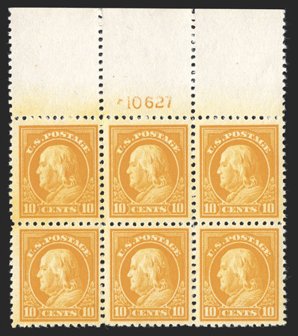 510, 10c Orange yellow, select full top margin plate no. 10627 block of six of this surprisingly difficult value, incredibly fresh with radiant rich color on bright white
paper, remarkably well centered, strong and intact, o.g., n.h., very fine.