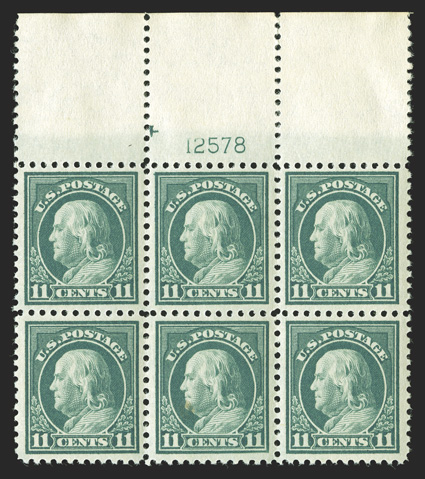 511, 11c Light green, premium quality full top margin plate no. 12578 block of six, incredibly well centered throughout, fresh and intact, o.g., l.h. in the ungummed selvage
only, the stamps all n.h., extremely fine and handsome.
