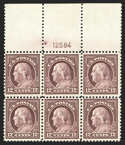 512, 12c Claret brown, full top margin plate no. 12584 block of six, attractively centered, rich color and sharp impression, crisp and intact, o.g., n.h., bottom center stamp
tiny natural inclusion speck, very fine.