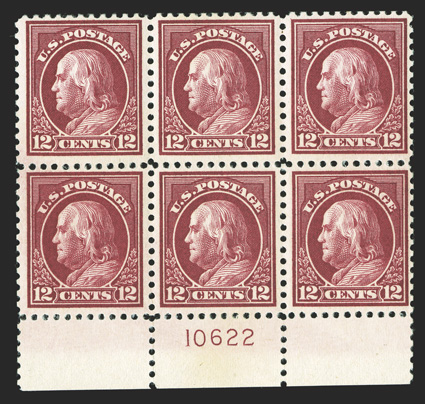 512a, 12c Brown carmine, bottom margin plate no. 10622 block of six, nicely centered, strong and intact, o.g., n.h., very fine.