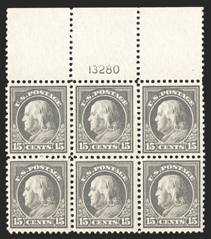 514, 15c Gray, an absolutely gorgeous full top margin plate no. 13280 block of four, boasting near flawless centering, rich color on crisp white paper and unblemished o.g.,
n.h., extremely fine clearly one of the finest full top plate blocks