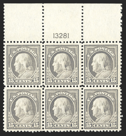 514, 15c Gray, select full top margin plate no. 13281 block of six, post office fresh and well centered, strong and intact perforations, pristine o.g., n.h., very
fine.