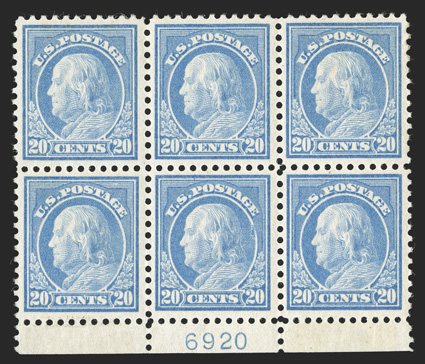 515, 20c Light ultramarine, attractive bottom margin plate no. 6920 block of six, wonderfully well centered, especially for this difficult value, rich color on crisp clean
paper, strong and intact, o.g., extremely fine.