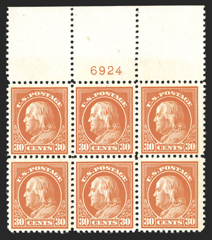 516, 30c Orange red, select full top margin plate no. 6924 block of six, wonderfully fresh and well centered, with strong and intact perforations all around, vivid rich color,
o.g., l.h. only in the ungummed selvage, the stamps all n.h., choice