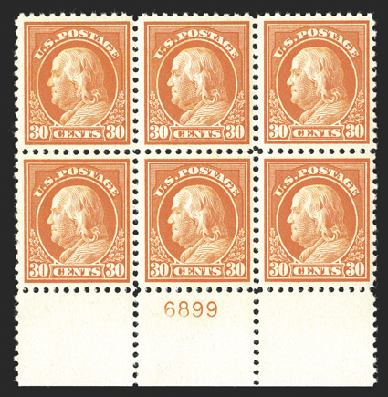 516, 30c Orange red, lovely wide bottom margin plate no. 6899 block of six, particularly well centered, rich color on fresh paper, crisp and intact, o.g., barest trace of
hinging, extremely fine.