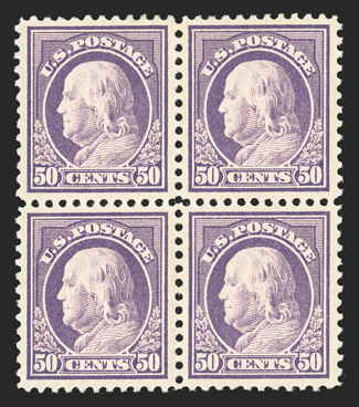 517, 50c Red violet, mint block of four, wonderfully well centered and margined, strong color, o.g., top stamps lightly hinged, bottom stamps never hinged, extremely fine 2008
PF certificate.