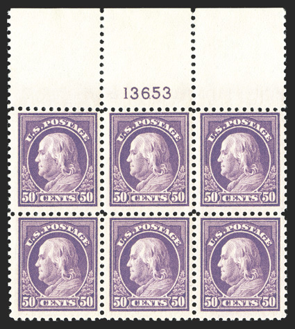 517, 50c Red violet, full top margin plate no. 13653 block of six, incredibly fresh, with luxuriant deep color on immaculate white paper, strong and intact perforations,
pristine o.g., n.h., fine-very fine.