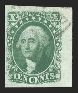 14, 10c Green, Ty. II, right interpanneau margin used single, with ample to mostly huge margins on the other sides, strong color and impression on crisp white paper, very light
and unobtrusive town cancel, choice very fine 1991 PF certificate.