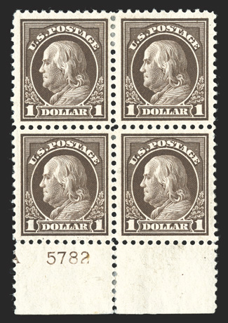518b, $1.00 Deep brown, an incredibly choice bottom margin block of four with plate no. 5782, possessing outstanding centering within uncommonly wide margins for this always
difficult stamp, rich distinctive color on fresh paper, o.g., minor h.r