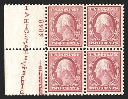 519, 2c Carmine, post office fresh left sheet-margin part imprint and plate no. 4848 block of four, nicely centered, bright and fresh, o.g., n.h., bottom selvage with a small
tear at left of no consequence, very fine bottom right stamp signed C