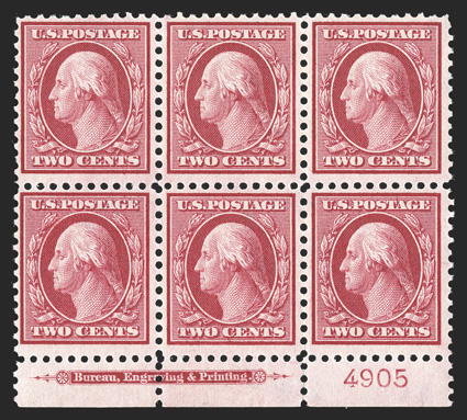 519, 2c Carmine, scarce bottom margin imprint and plate no. 4905 block of six, particularly well centered for this difficult plate block, fresh and intact, o.g., center pair
l.h. and the others n.h., very fine a desirable plate block which only