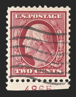 519, 2c Carmine, an incredibly choice bottom sheet-margin partial plate no. 4865 example of this very scarce and difficult used stamp, being extraordinarily well centered
within uncharacteristically wide margins, intense color on fresh white pap